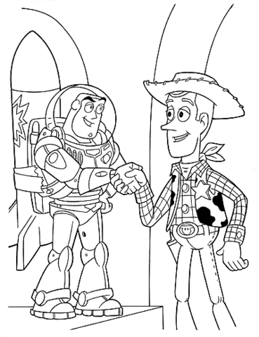 Buzz Lightyear Shakes Hand With Sheriff Woody  Coloring Page